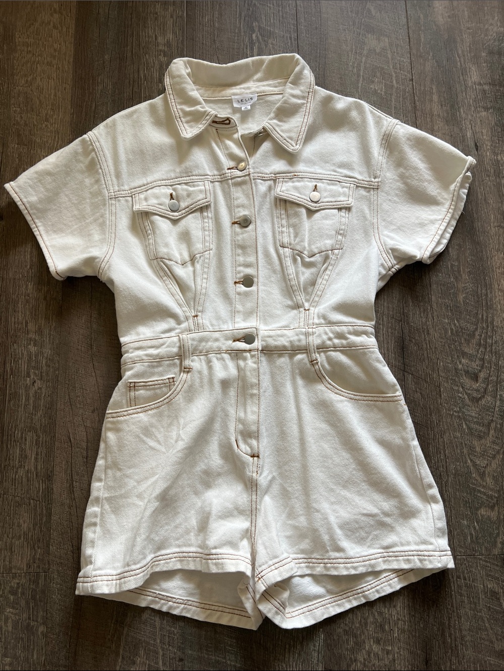 Le Lis Cream Short-Sleeve Denim Romper